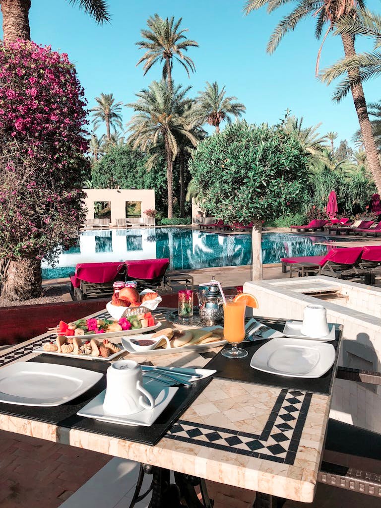 Foods Set on Table by the Pool