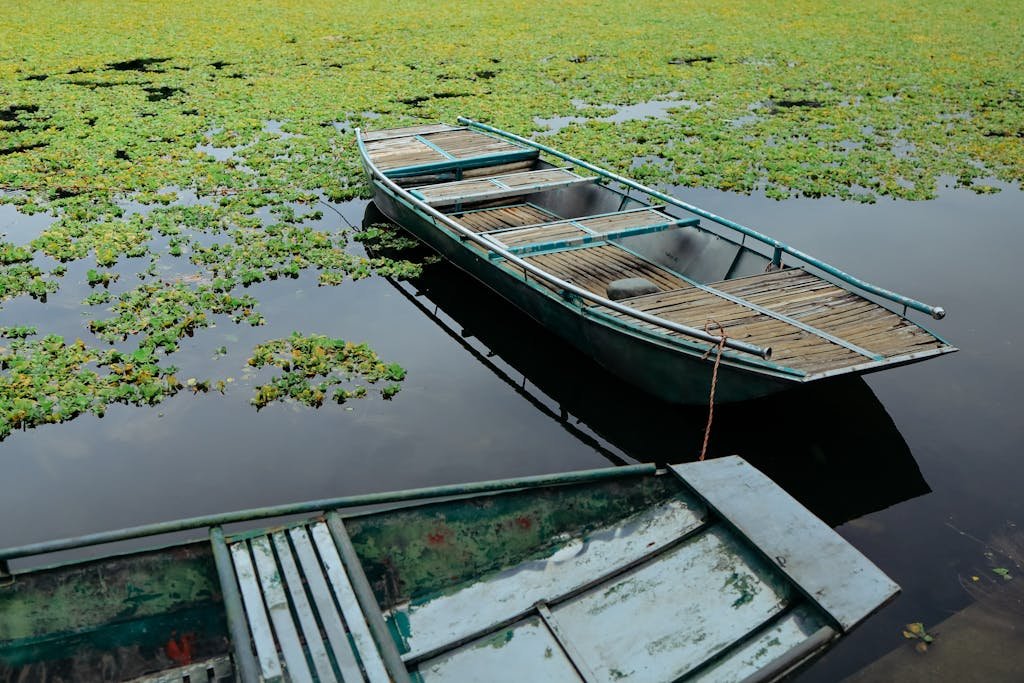 Serene wooden boats float on a lily-covered waterway in picturesque Ninh Bình, Vietnam.