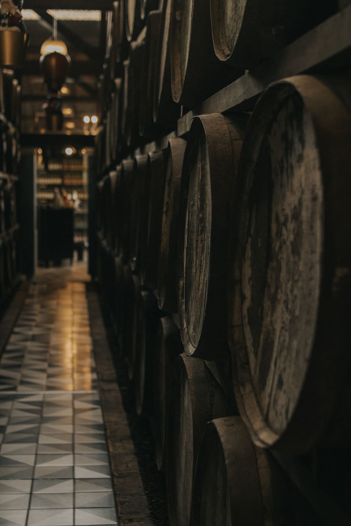 Wooden barrels inside a softly lit wine cellar